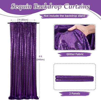Purple Sequin Backdrop 2 Pieces 2ftx8ft Wedding Glitter Curtain Backdrop Arch - Image 2