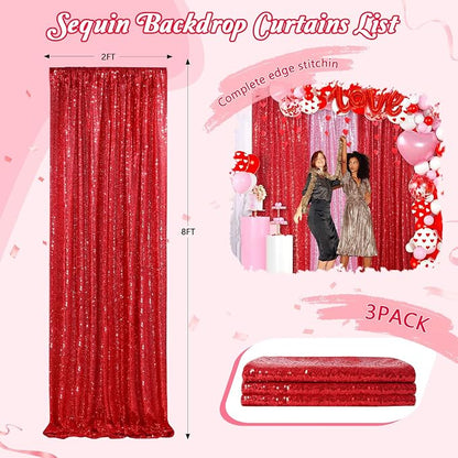 Red Curtains Birthday Sequin Backdrop, 3 Pack 2ft x 8ft Party Background | - Image 2