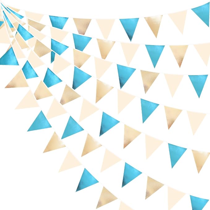 Champagne Gold Sky Blue Beige Decorations Metallic Fabric Triangle Pennant by pinkblume
