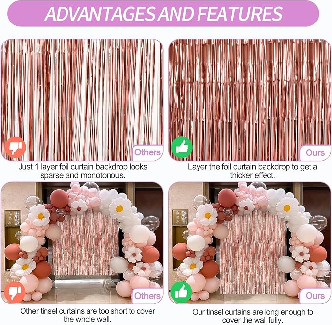 Crosize 8 Pack Rose Gold Party Streamers Backdrop, 3.3 x 9.9 ft | Tinsel Foil - Image 4