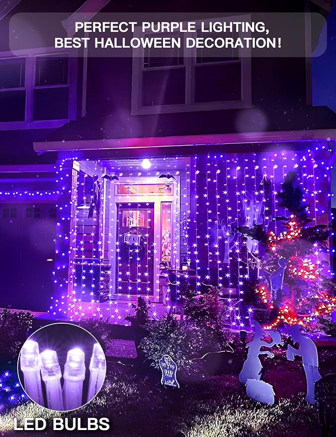 Purple Curtain Lights for Halloween, 200 LED Hanging String Lights - Image 6