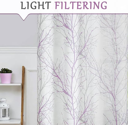 FMFUNCTEX Linen Lilac White Semi Sheer Print Curtains 72 Inch Long 2 Panels | - Image 7