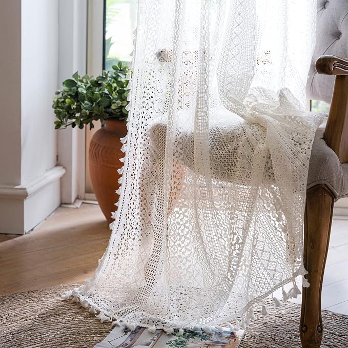 WAZZIO Boho Lace Curtains 84 Inches 2 Panel, Light Filtering Privacy Tassel & by WAZZIO