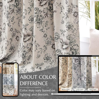 jinchan Black Floral Linen Blackout Curtains 63 Inch Back Tab 2 Panels | - Image 6