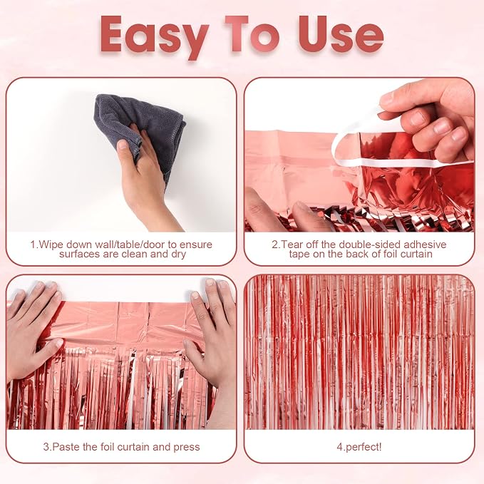 Voircoloria Rose Gold Foil Fringe Backdrop Curtains, 3 Pack | Tinsel Streamers - Image 4
