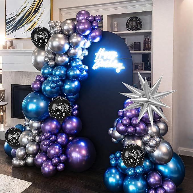 Galaxy Space Balloons, 12 Inch Navy Blue Metallic Blue Purple Silver Black Star - Image 5