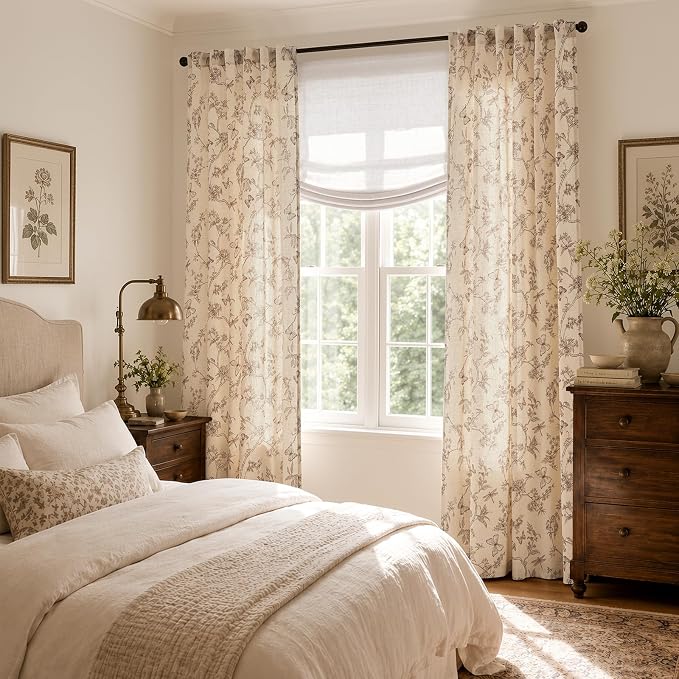 Taupe Floral Linen Curtains Farmhouse Rod Pocket 50W X 84L 2 Panels | Charlotte - Image 4