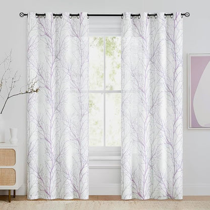 FMFUNCTEX Linen Lilac White Semi Sheer Print Curtains 84 Inch Long 2 Panels | - Image 2