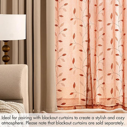 MIULEE Burnt Orange Sheer Fall Curtains 2 Panels Leaf Patterned, W52 x L84 | - Image 7