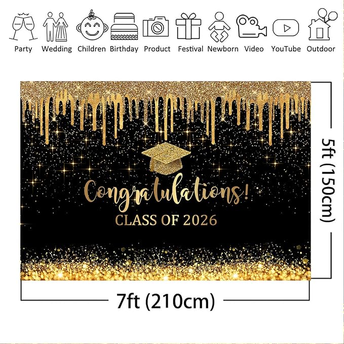 Mocsicka 7x5ft Graduation Backdrop 2026 Black and Gold Graduation Decorations - Image 7