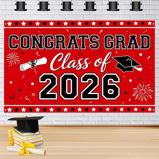Red Graduation Banner Class of 2026-72" x 44" Congrats Grad Backdrop Decorations by Unknown