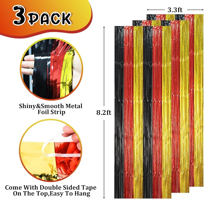 Voircoloria Red Black Gold Fringe Backdrop Curtains, 3 Pack | Tinsel Streamers - Image 2