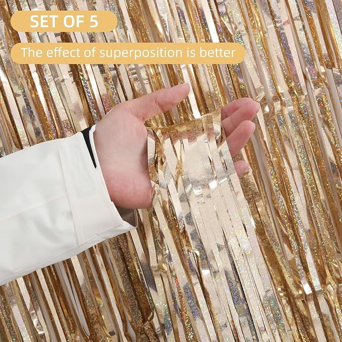 5 Pack Champagne Foil Curtain Backdrop 3.2ft x 9.8ft Metallic Tinsel Foil - Image 2