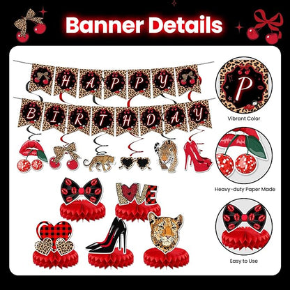 Cheetah Print Party Decorations 29pcs Cheetah Cherry Party Supplies | Red Black - Image 4
