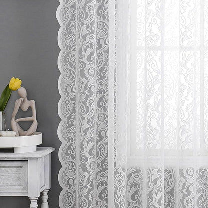 Bujasso White Lace Pinch Pleat Curtains 96 inch, Vintage Floral Sheer Drapes - Image 9