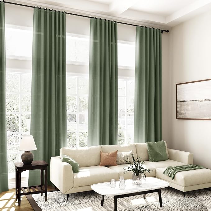 Olive Green Linen Sheer Curtains 84 Inch Length 2 Panels - Image 6