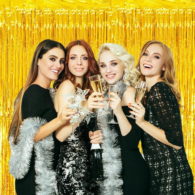 Voircoloria Gold Foil Fringe Backdrop Curtains, 2 Pack | Tinsel Streamers - Image 6