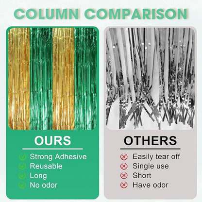 Voircoloria Green Gold Foil Fringe Backdrop Curtains, 3 Pack | Tinsel Streamers - Image 3