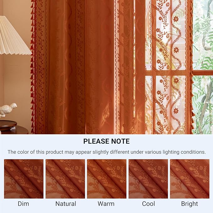 WAZZIO Boho Lace Curtains 108 Inch 2 Panels-Vintage Sheer Panel Drape Floral - Image 9
