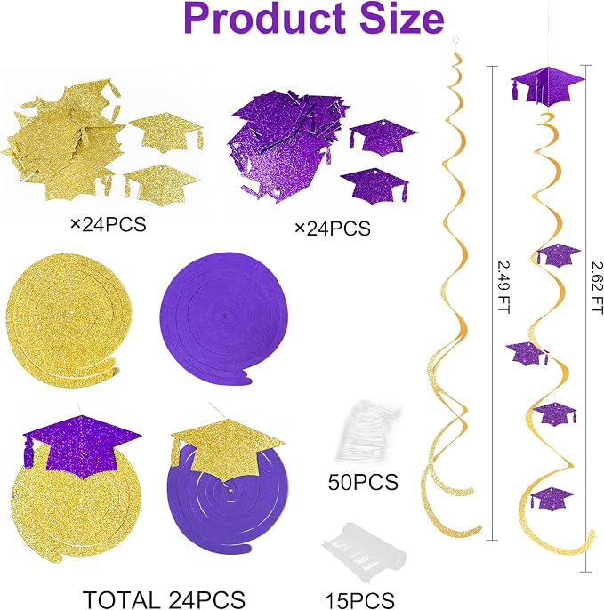 24Pcs Purple Gold Graduation Grad Cap Hanging Felt Swirl Streamer Spiral - Image 2