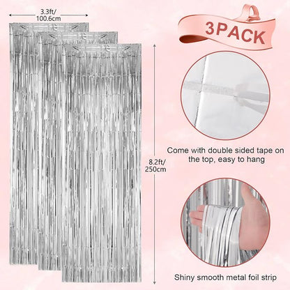 Voircoloria Silver Foil Fringe Backdrop Curtains, 3 Pack | Tinsel Streamers - Image 3