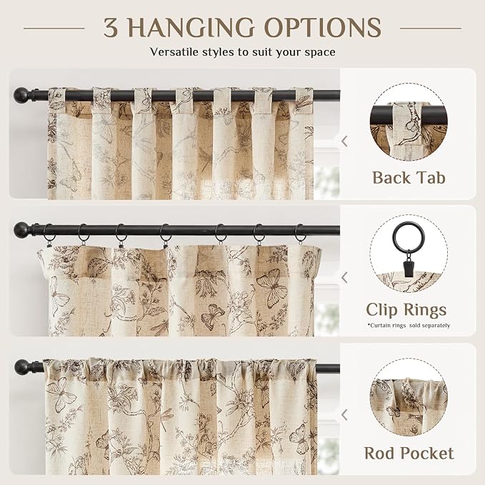 Taupe Floral Linen Curtains Farmhouse Rod Pocket 50W X 63L 2 Panels | Charlotte - Image 7