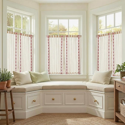 jinchan Red Floral Embroidered Linen Kitchen Curtains 54×45 Inch 2 Panels | - Image 9