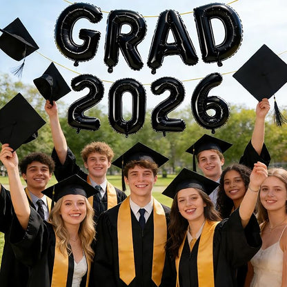Black GRAD 2026 Banner Balloons, 16 Inch Mylar Foil letter Graduation Balloons - Image 5
