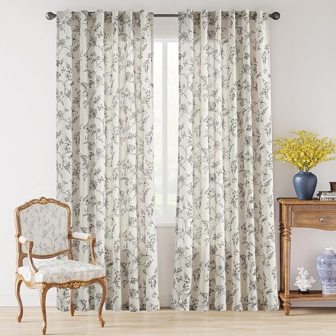 Black Floral Linen Curtains Farmhouse Rod Pocket 50W X 90L 2 Panels | Charlotte - Image 2