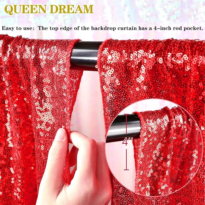 QueenDream Red Sequin Backdrop 2 Panels 2FTx8FT Christmas Party Backdrop | - Image 4