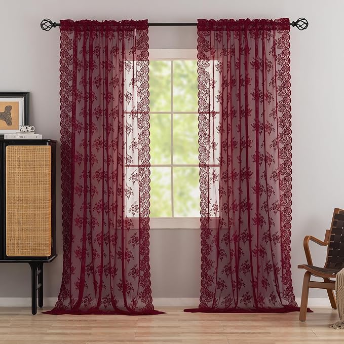 Kotile Burgundy Lace Curtains for Living Room Floral 52 x 80 Inch 2 Panels | - Image 6