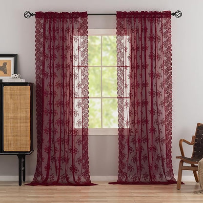 Kotile Burgundy Lace Curtains for Living Room Floral 42 x 84 Inch, 2 Panels | - Image 2