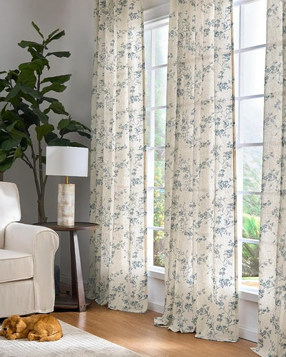 jinchan Blue Floral Linen Curtains 84 Inch French Country Back Tab 2 Panels | - Image 6
