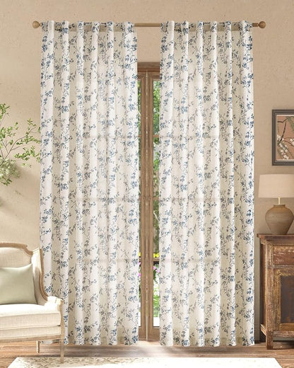 jinchan Blue Floral Linen Curtains 90 Inch French Country Back Tab 2 Panels | - Image 2