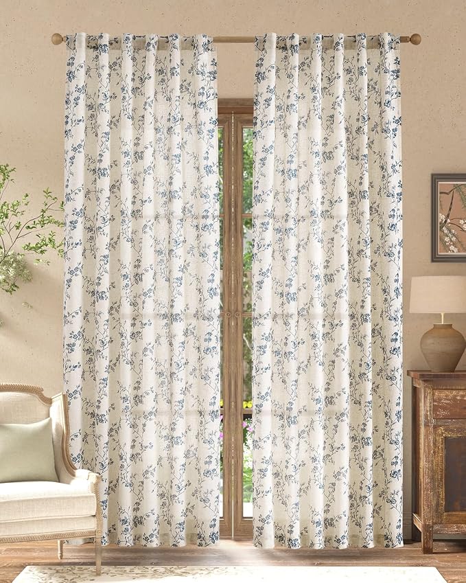 jinchan Blue Floral Linen Curtains 84 Inch French Country Back Tab 2 Panels | - Image 2