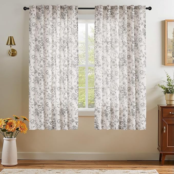 jinchan Black Floral Linen Curtains 45 Inch Vintage Back Tab 2 Panels | Light - Image 2