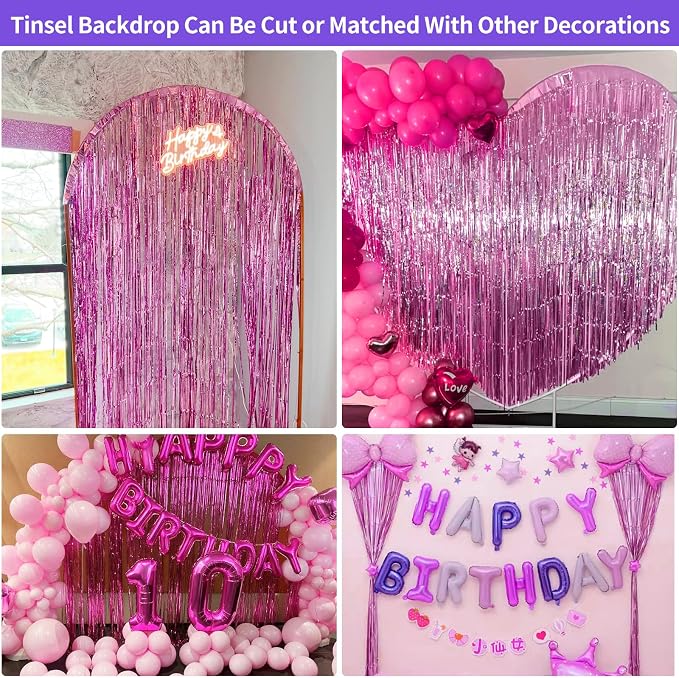 JINSUI Pink Fringe Backdrop 3.3x8.2ft, 2 Pack Foil Tinsel Curtains Decor | - Image 5