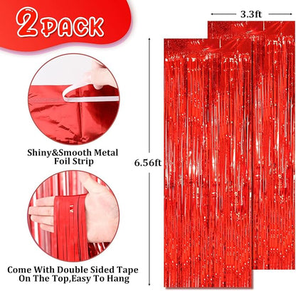 Voircoloria Laser Red Foil Fringe Backdrop Curtains, 2 Pack | Tinsel Streamers - Image 3