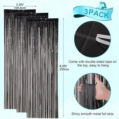 Voircoloria Black Foil Fringe Backdrop Curtains, 3 Pack | Tinsel Streamers - Image 3