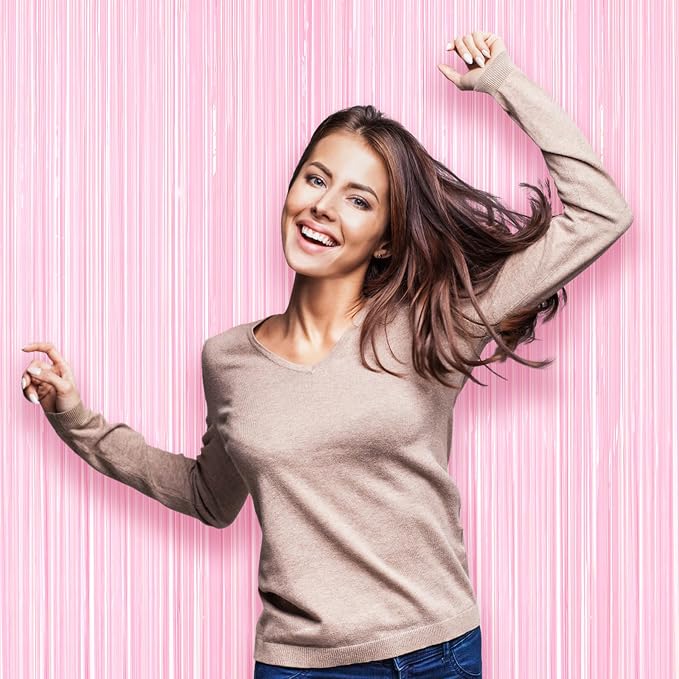 Voircoloria Pastel Pink Foil Fringe Backdrop Curtains, 3 Pack | Tinsel Streamers - Image 6