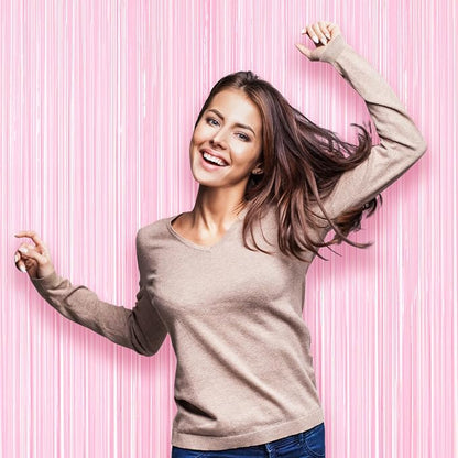 Voircoloria Pastel Pink Foil Fringe Backdrop Curtains, 2 Pack | Tinsel Streamers - Image 6