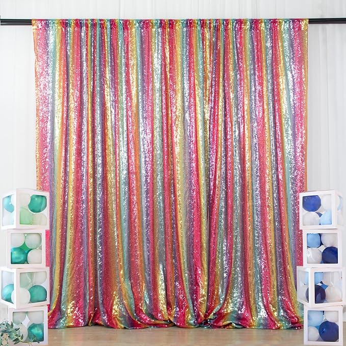 ShinyBeauty 5x7 FT Rainbow Sequin Backdrop | Rod Pocket Hanging Photo Booth - Image 4