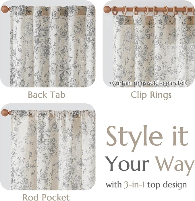 jinchan Grey Floral Linen Curtains 90 Inch Vintage Back Tab 2 Panels | Light - Image 5
