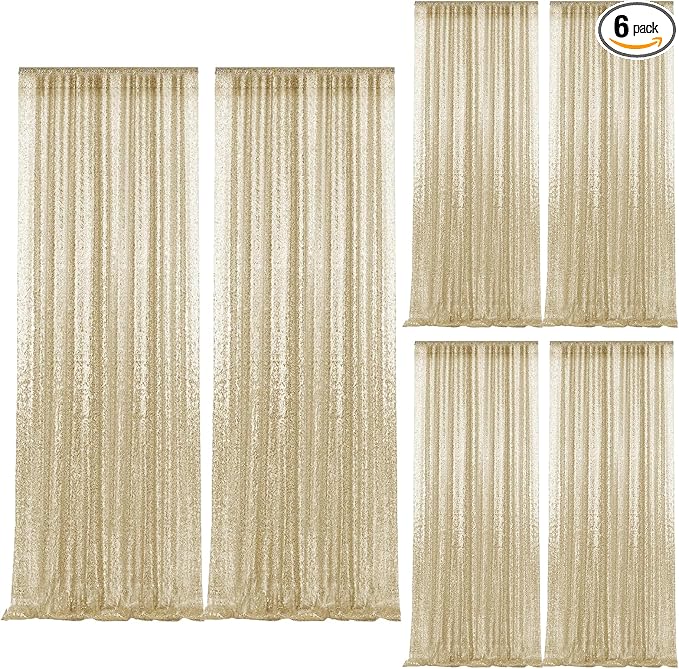 2×8FT-6PCS Champagne Sequin Backdrop Curtains Panels, Photography Backdrop by Pufogu