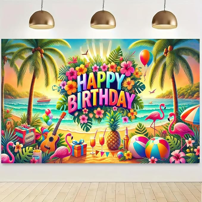 BlissYard Tropical Flamingo Birthday Banner 71x43 Inch Polyester | Polyester by BlissYard