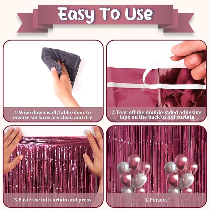 Voircoloria Burgundy Foil Fringe Backdrop Curtains, 3 Pack | Tinsel Streamers - Image 3