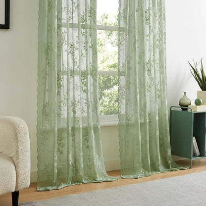 Sage Green Lace Curtains 63 Inch Length 2 Panels Set Country Rustic Floral Lace - Image 3