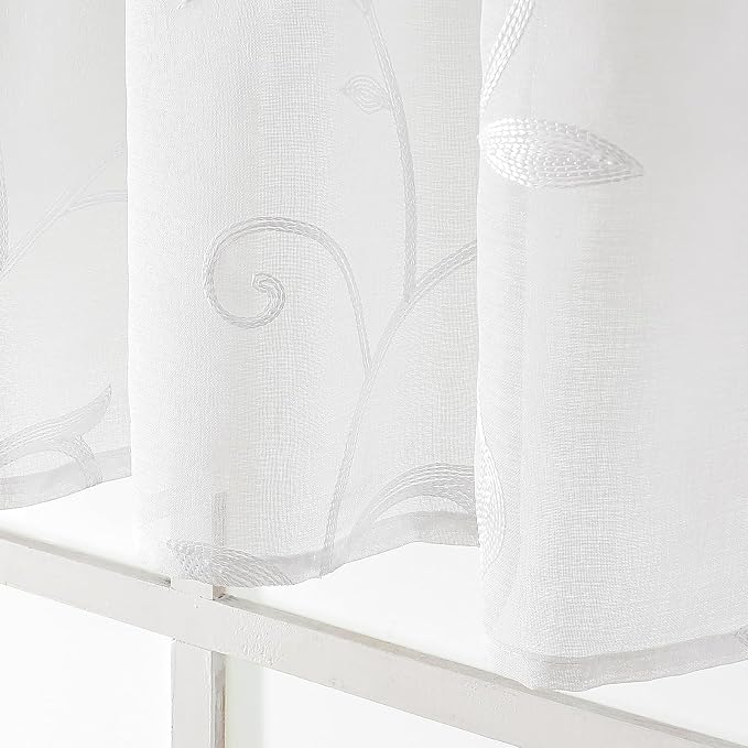 Kitchen Sheer Cafe Curtains Embroidered Leaves White 54Wx16L | Light Filtering - Image 4