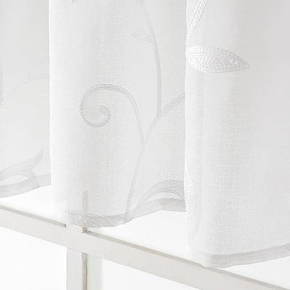Kitchen Sheer Cafe Curtains Embroidered Leaves White 54Wx16L | Light Filtering - Image 4