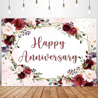 Sensfun Happy Anniversary Backdrop Banner Burgundy Pink Flower Wedding by Sensfun